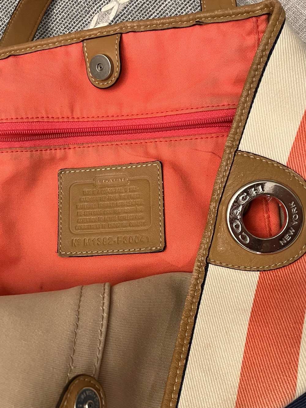 Coach Hadley Striped Canvas Tote with tan leather and signature hangtags - USED - Picture 6 of 14